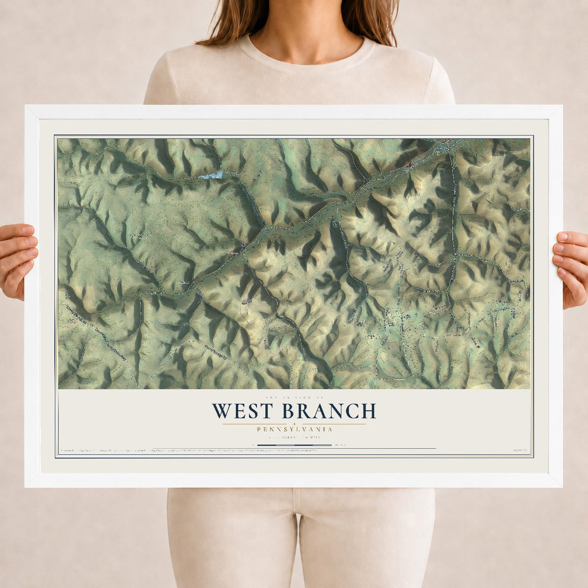 Map of West Branch, Pennsylvania, 18 x 24 inch print in a white wood frame