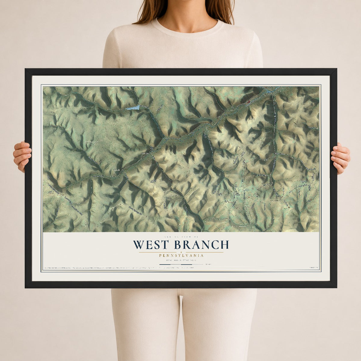 Map of West Branch, Pennsylvania, 24 x 36 inch print in a black wood frame