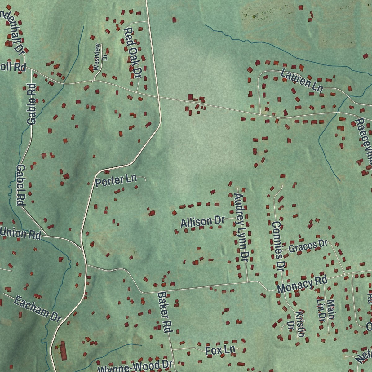 Close-up of the map of West Brandywine, Pennsylvania print showing street and building detail