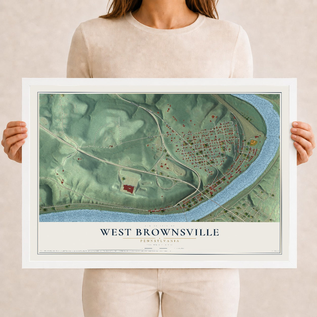 Map of West Brownsville, Pennsylvania, 12 x 18 inch print in a white wood frame