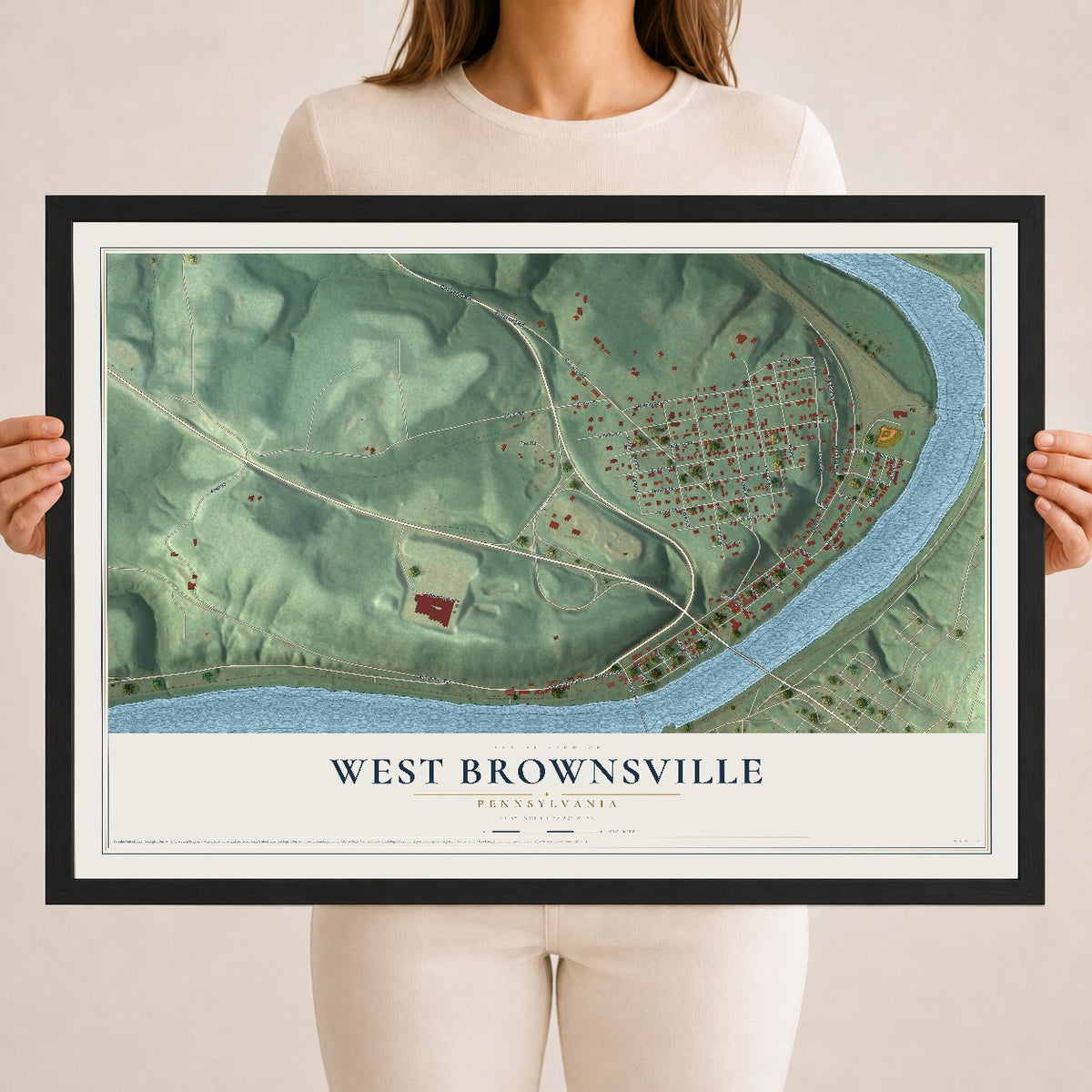 Map of West Brownsville, Pennsylvania, 18 x 24 inch print in a black wood frame