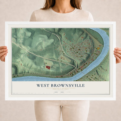 Map of West Brownsville, Pennsylvania, 18 x 24 inch print in a white wood frame