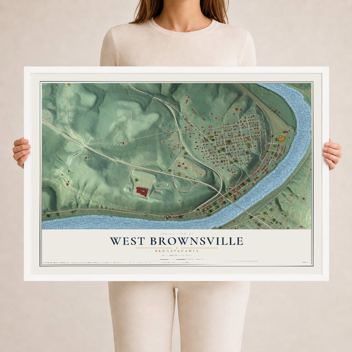 Map of West Brownsville, Pennsylvania, 24 x 36 inch print in a white wood frame