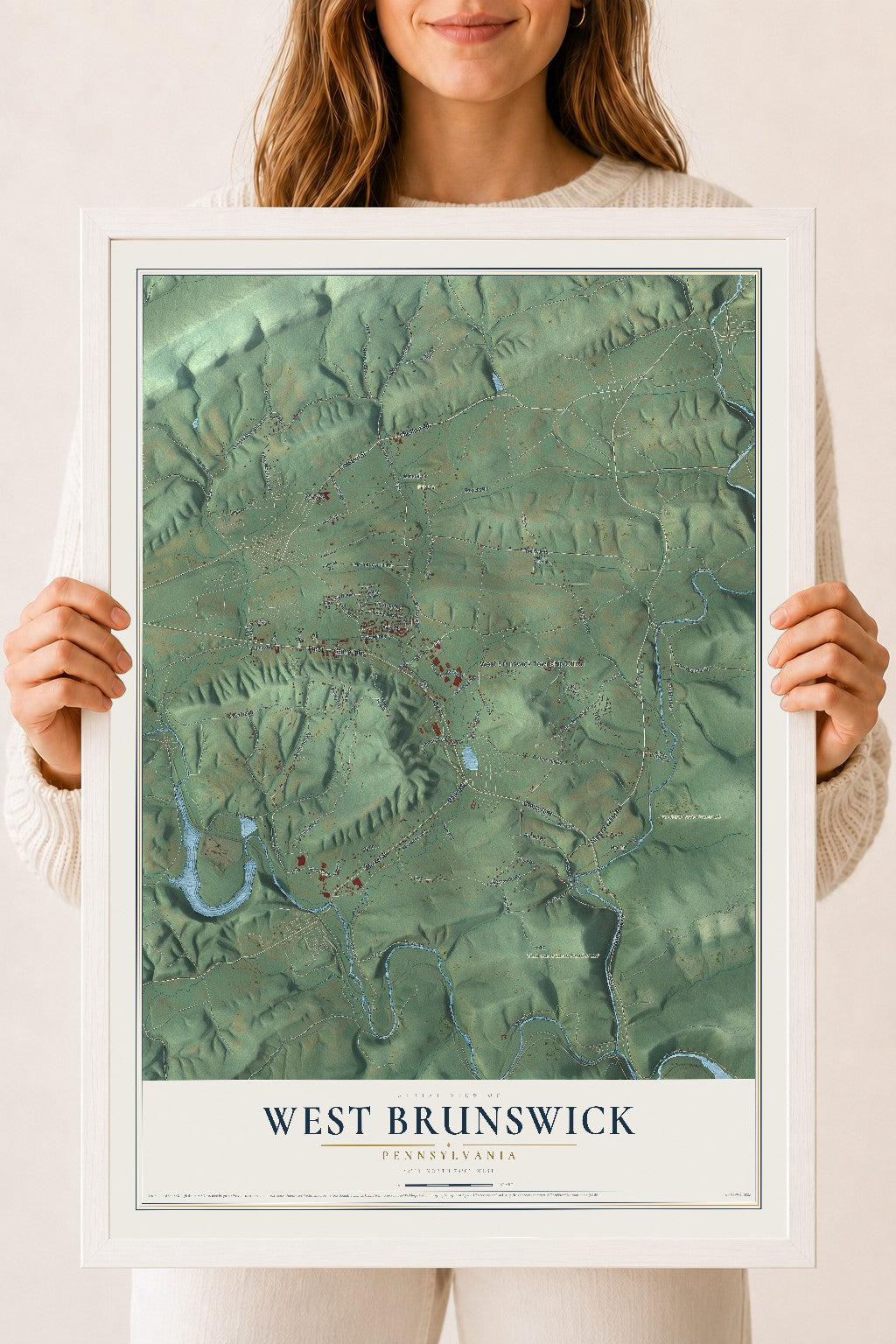 Map of West Brunswick, Pennsylvania, 18 x 24 inch print in a white wood frame