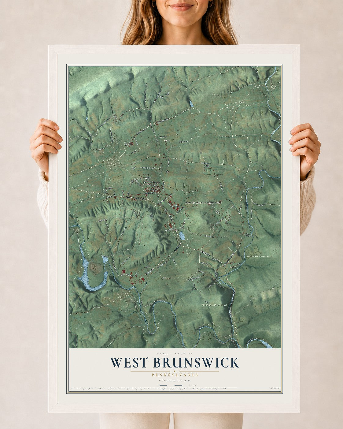 Map of West Brunswick, Pennsylvania, 24 x 36 inch print in a white wood frame