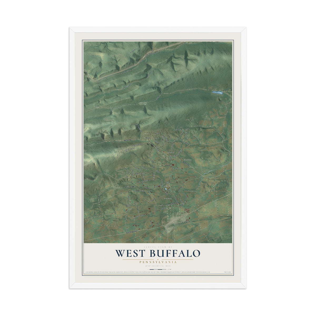 Map of West Buffalo, Pennsylvania, 12 x 18 inch print in a white wood frame