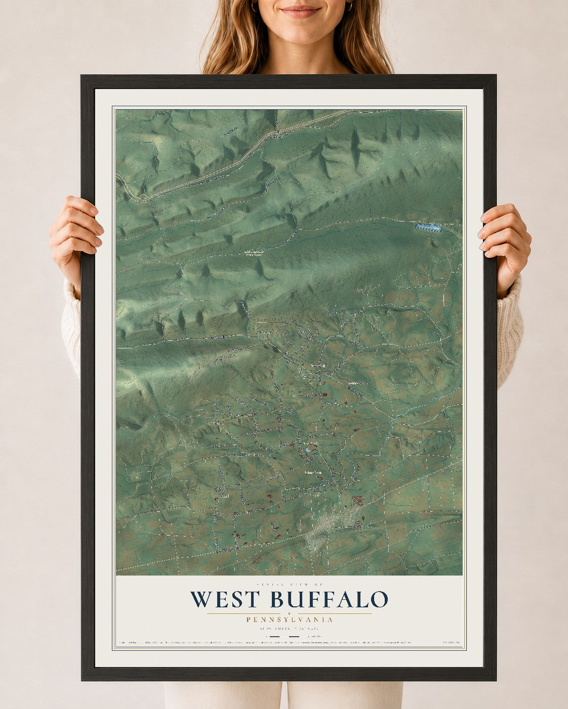 Map of West Buffalo, Pennsylvania, 24 x 36 inch print in a black wood frame