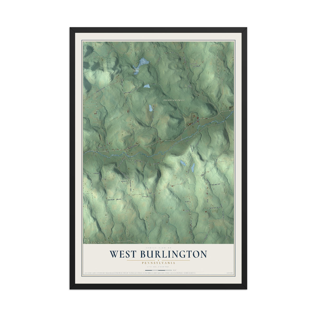 Map of West Burlington, Pennsylvania, 12 x 18 inch print in a black wood frame