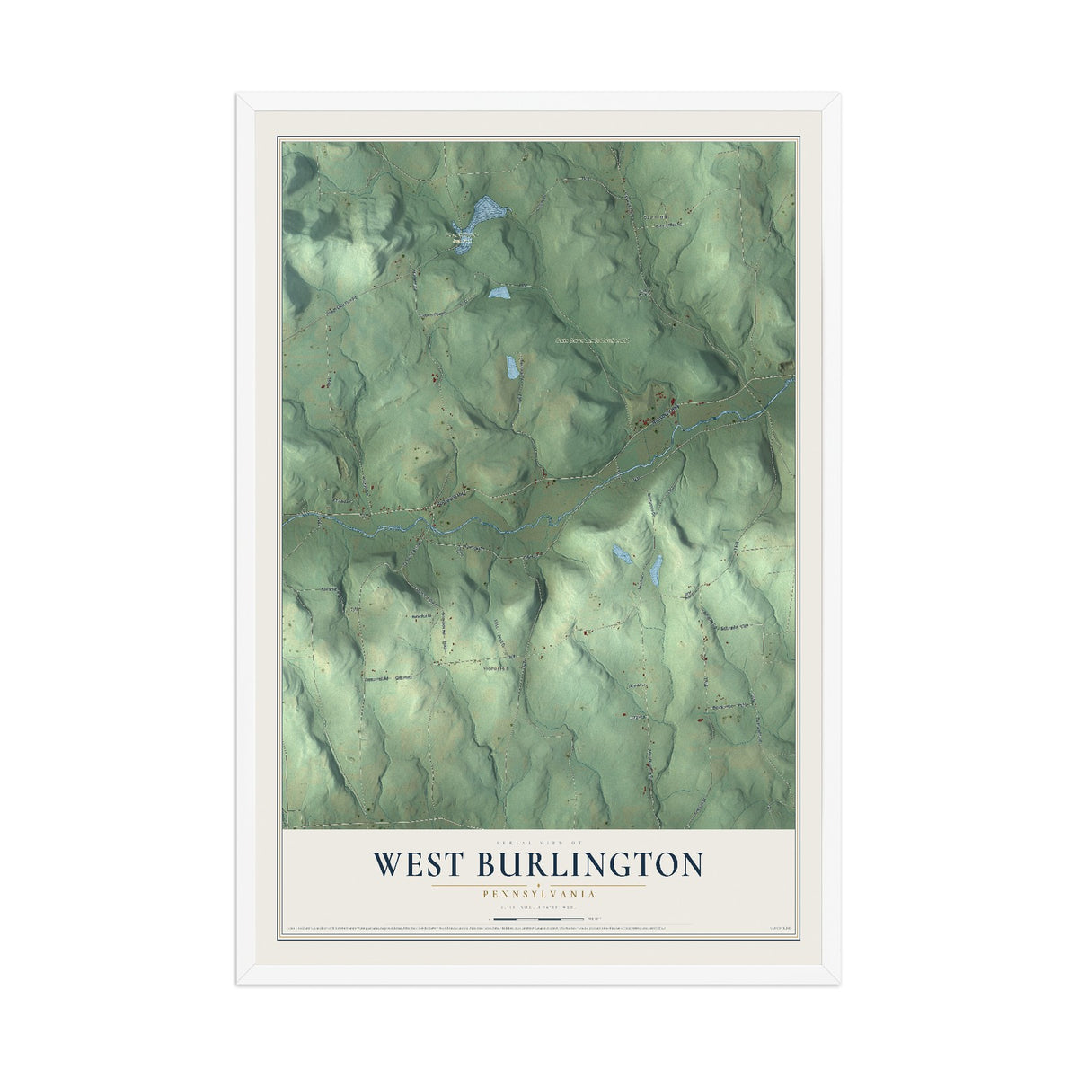 Map of West Burlington, Pennsylvania, 12 x 18 inch print in a white wood frame