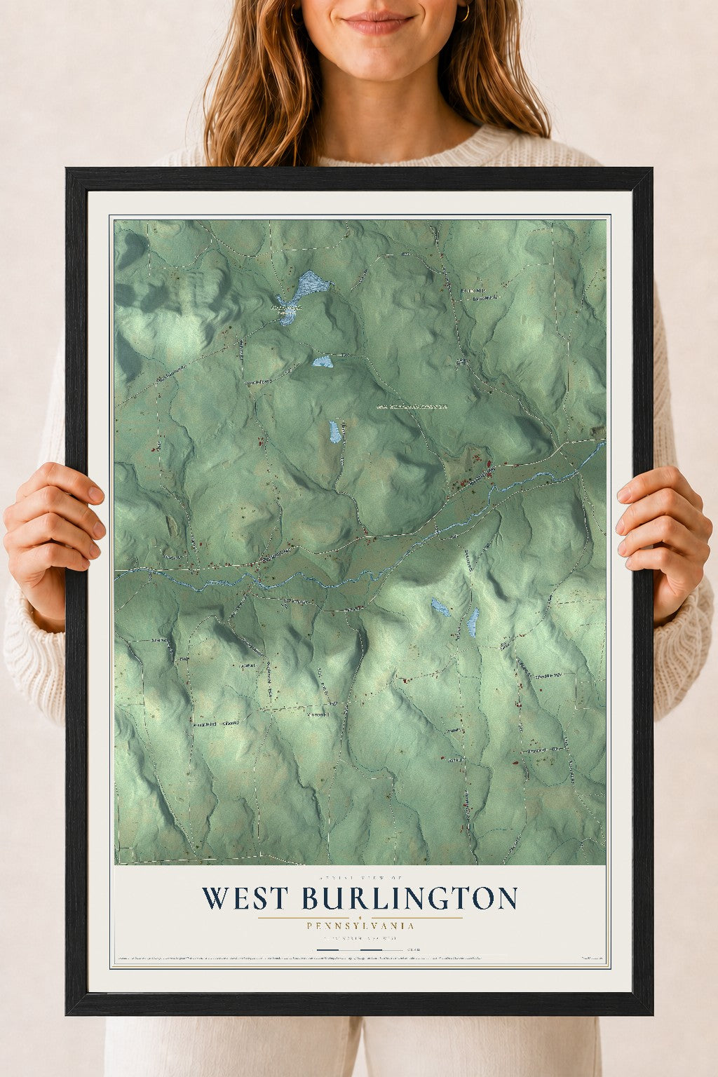 Map of West Burlington, Pennsylvania, 18 x 24 inch print in a black wood frame
