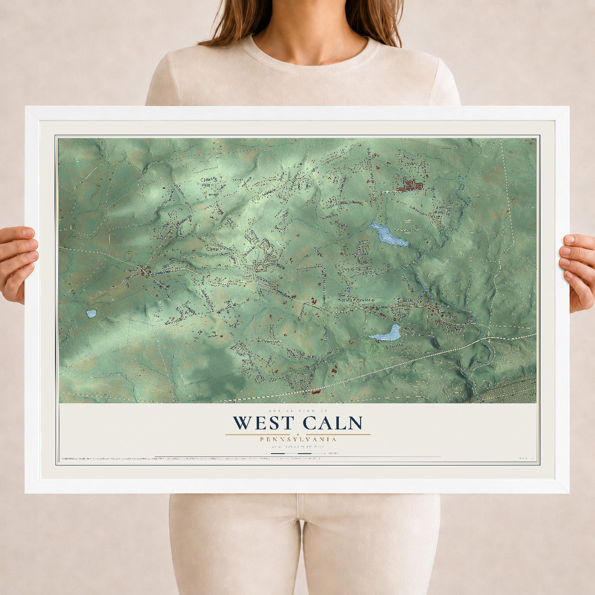 Map of West Caln, Pennsylvania, 18 x 24 inch print in a white wood frame