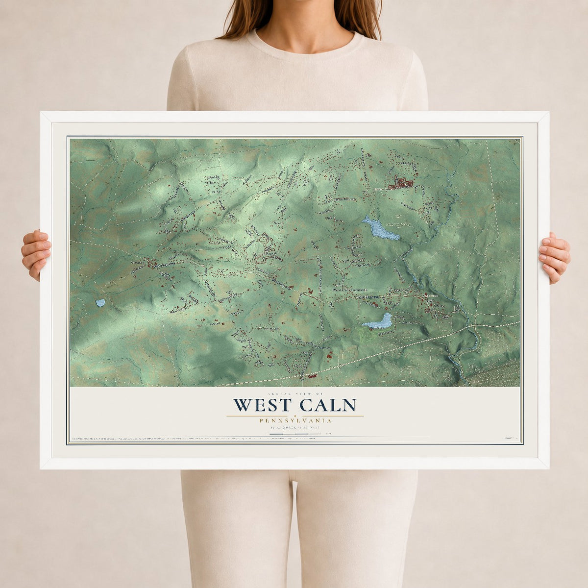 Map of West Caln, Pennsylvania, 24 x 36 inch print in a white wood frame