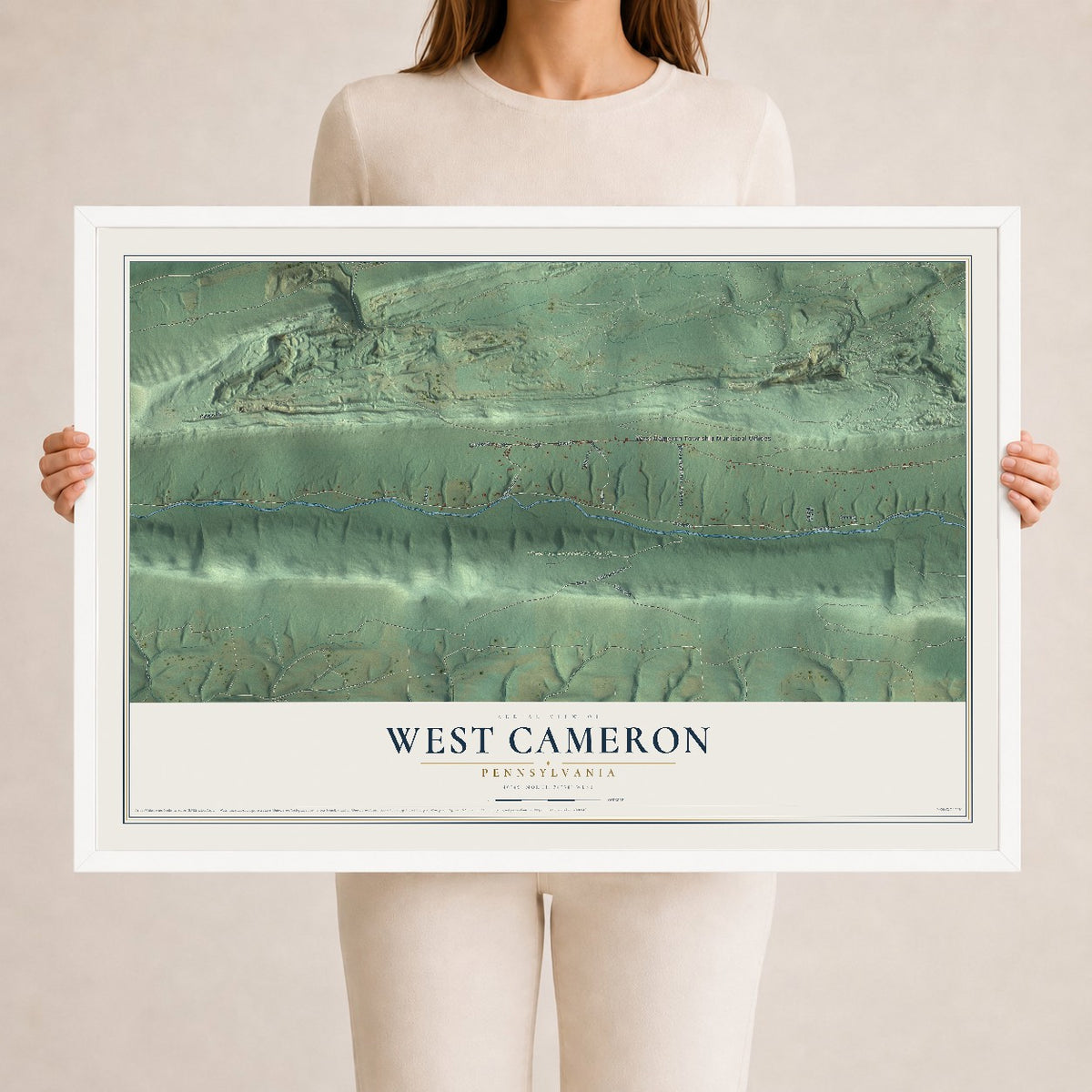 Map of West Cameron, Pennsylvania, 24 x 36 inch print in a white wood frame