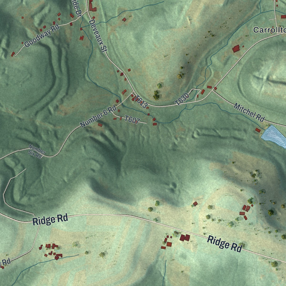 Second close-up of the map of West Carroll, Pennsylvania print showing more streets and buildings