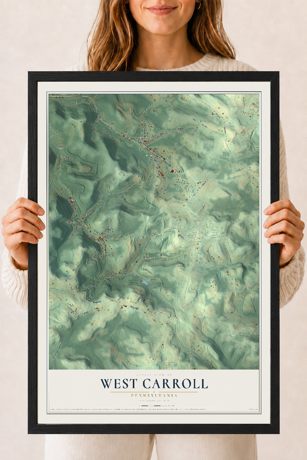Map of West Carroll, Pennsylvania, 18 x 24 inch print in a black wood frame