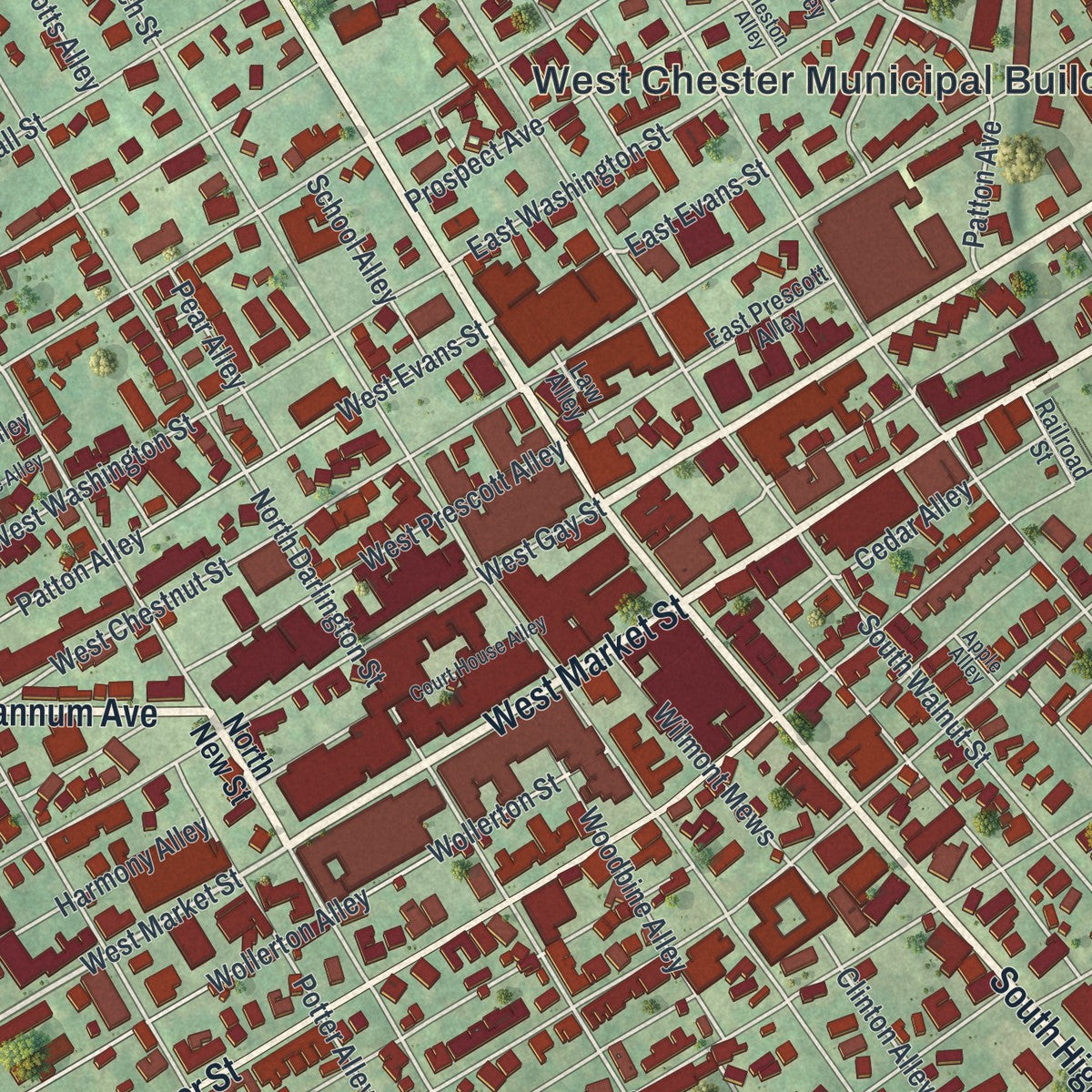 Close-up of the map of West Chester, Pennsylvania print showing street and building detail