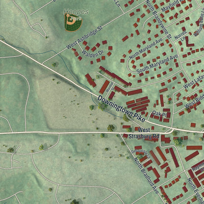 Second close-up of the map of West Chester, Pennsylvania print showing more streets and buildings