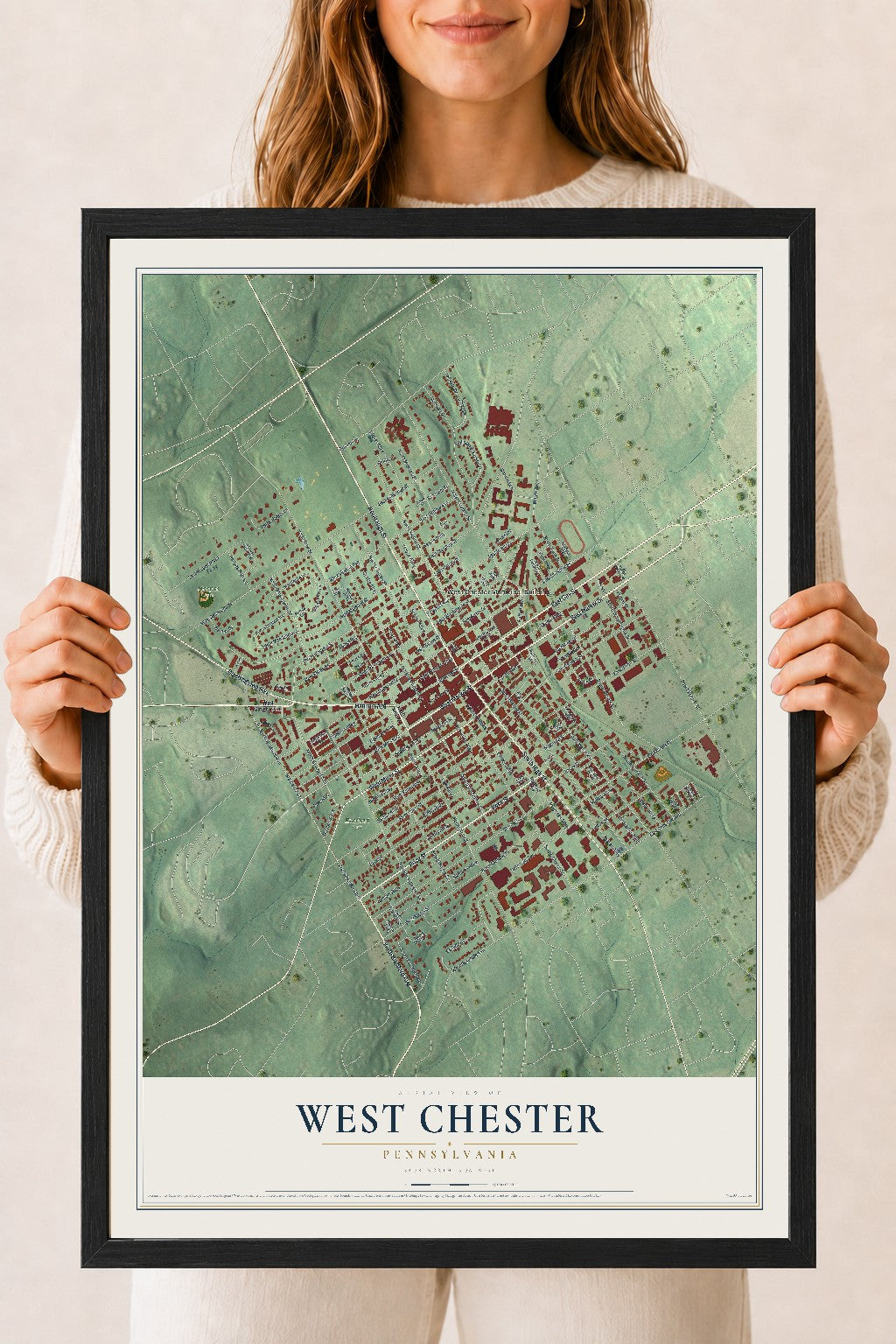 Map of West Chester, Pennsylvania, 18 x 24 inch print in a black wood frame