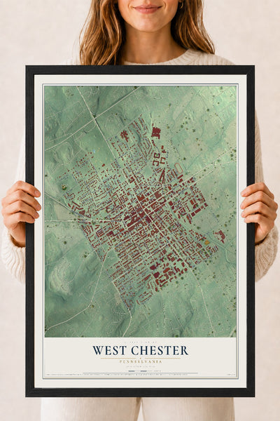 Map of West Chester, Pennsylvania, 18 x 24 inch print in a black wood frame