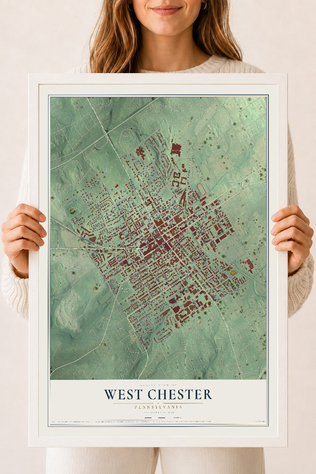 Map of West Chester, Pennsylvania, 18 x 24 inch print in a white wood frame