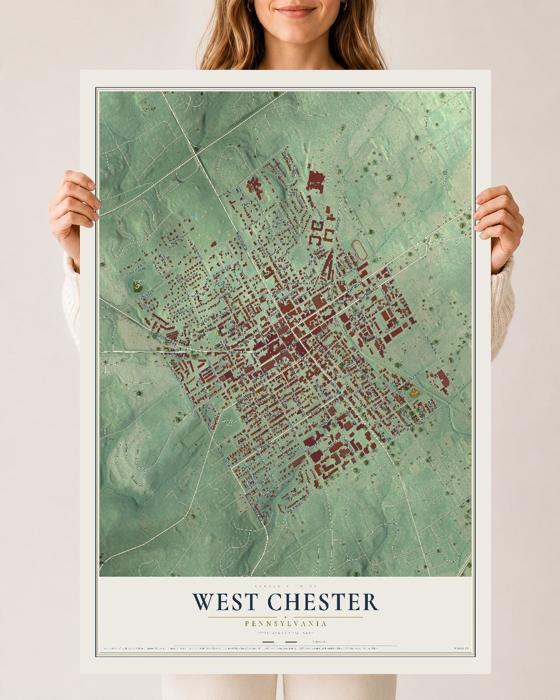 Map of West Chester, Pennsylvania, 24 x 36 inch unframed archival matte print
