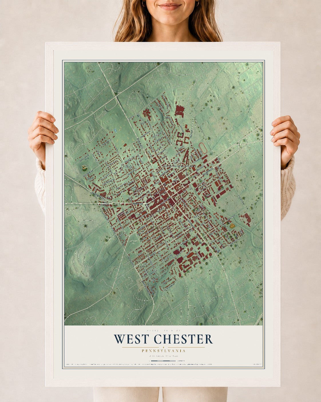 Map of West Chester, Pennsylvania, 24 x 36 inch print in a white wood frame