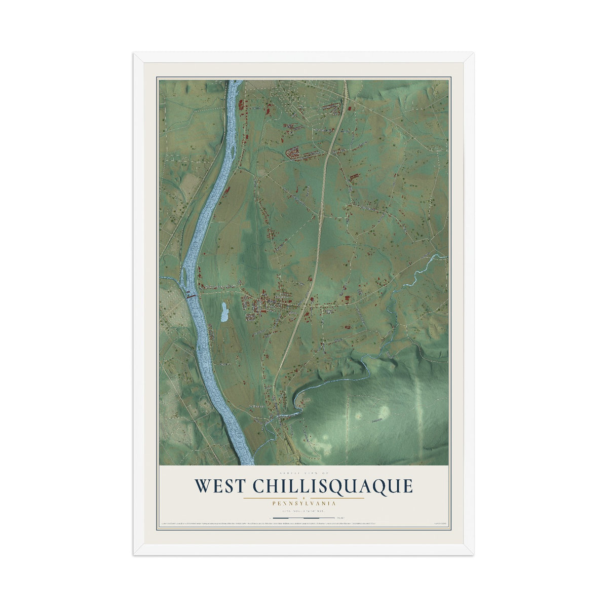 Map of West Chillisquaque, Pennsylvania, 12 x 18 inch print in a white wood frame