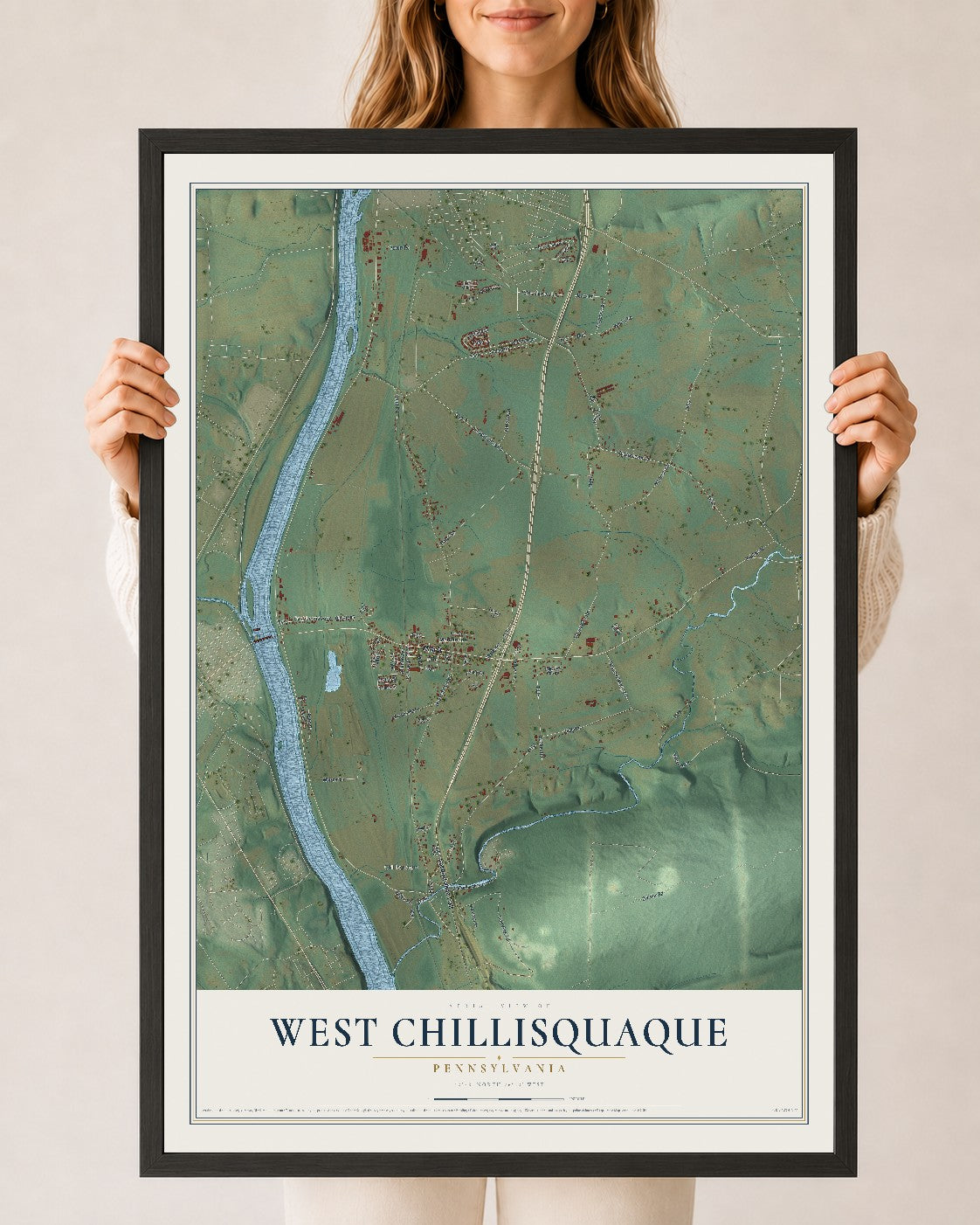 Map of West Chillisquaque, Pennsylvania, 24 x 36 inch print in a black wood frame