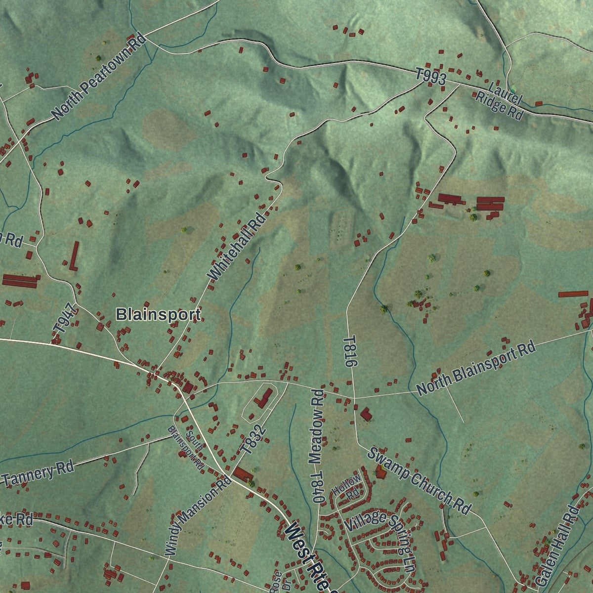 Close-up of the map of West Cocalico, Pennsylvania print showing street and building detail