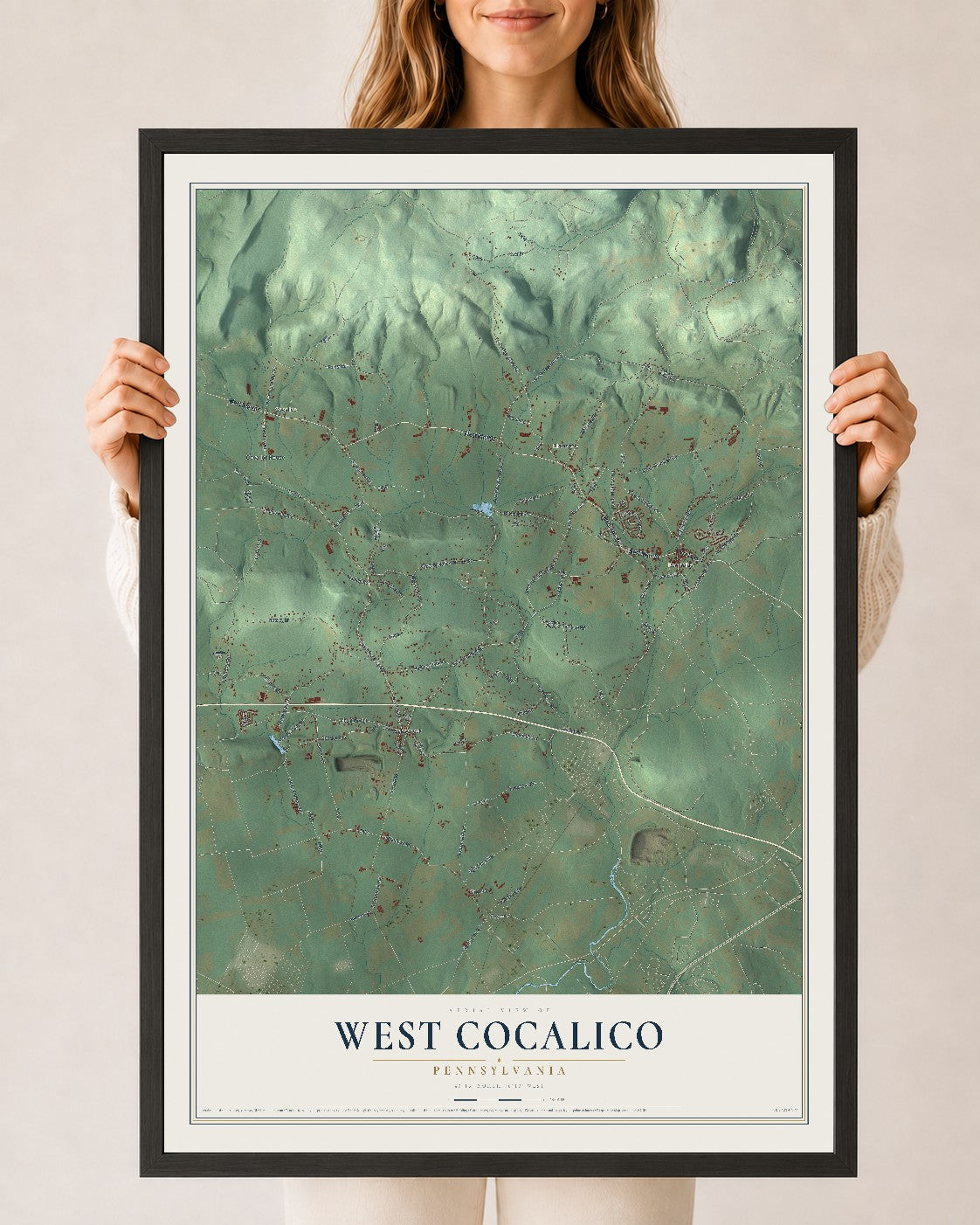 Map of West Cocalico, Pennsylvania, 24 x 36 inch print in a black wood frame