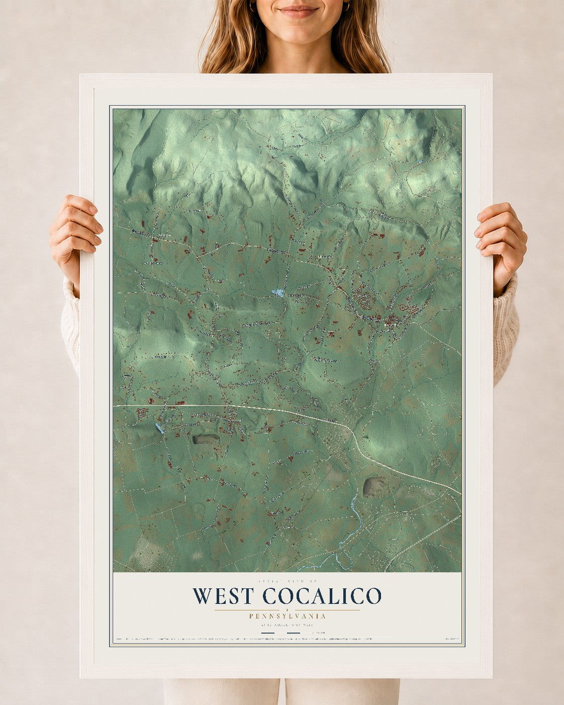 Map of West Cocalico, Pennsylvania, 24 x 36 inch print in a white wood frame