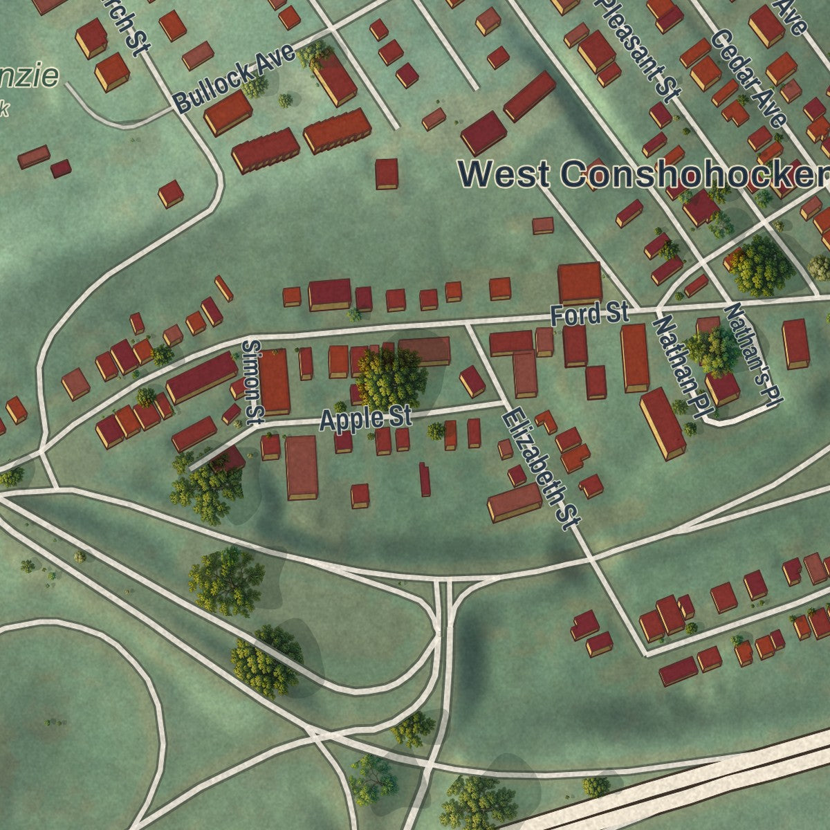 Second close-up of the map of West Conshohocken, Pennsylvania print showing more streets and buildings