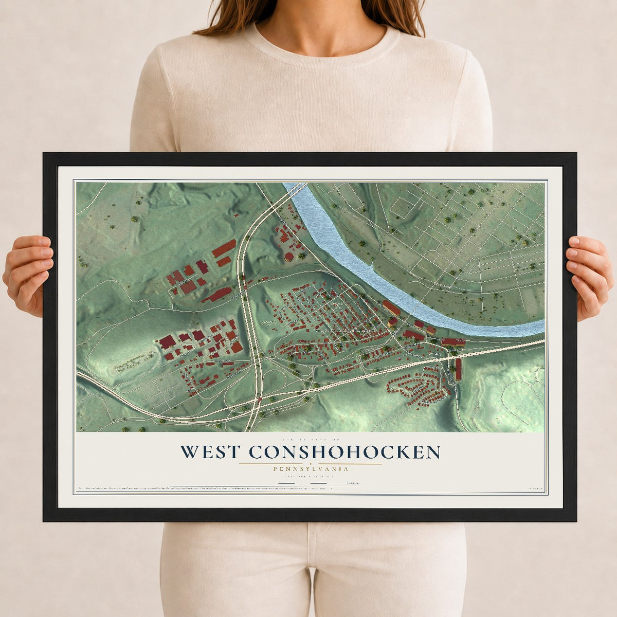 Map of West Conshohocken, Pennsylvania, 12 x 18 inch print in a black wood frame