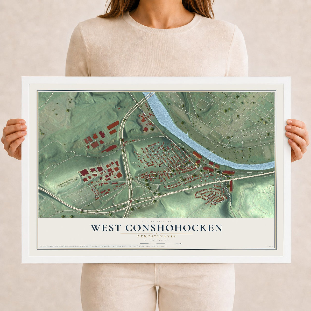 Map of West Conshohocken, Pennsylvania, 12 x 18 inch print in a white wood frame
