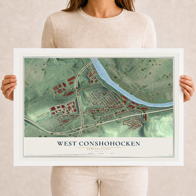 Map of West Conshohocken, Pennsylvania, 12 x 18 inch print in a white wood frame