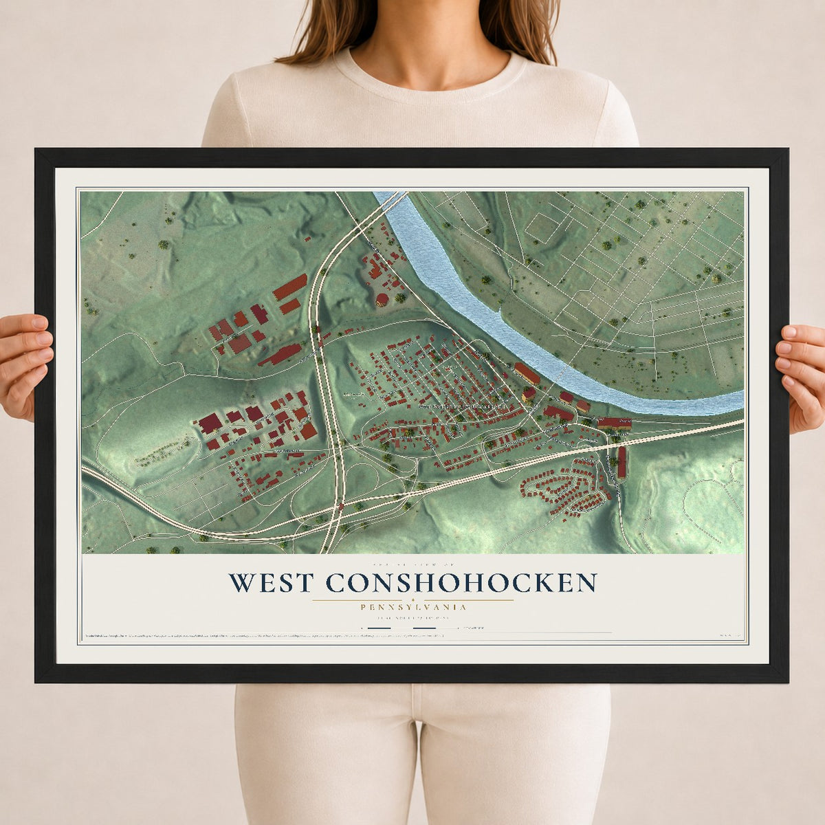 Map of West Conshohocken, Pennsylvania, 18 x 24 inch print in a black wood frame
