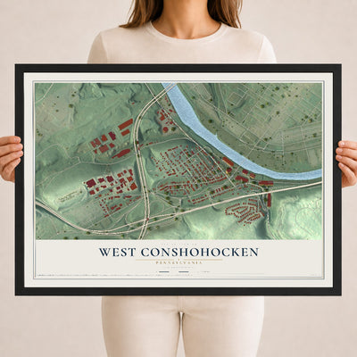 Map of West Conshohocken, Pennsylvania, 18 x 24 inch print in a black wood frame