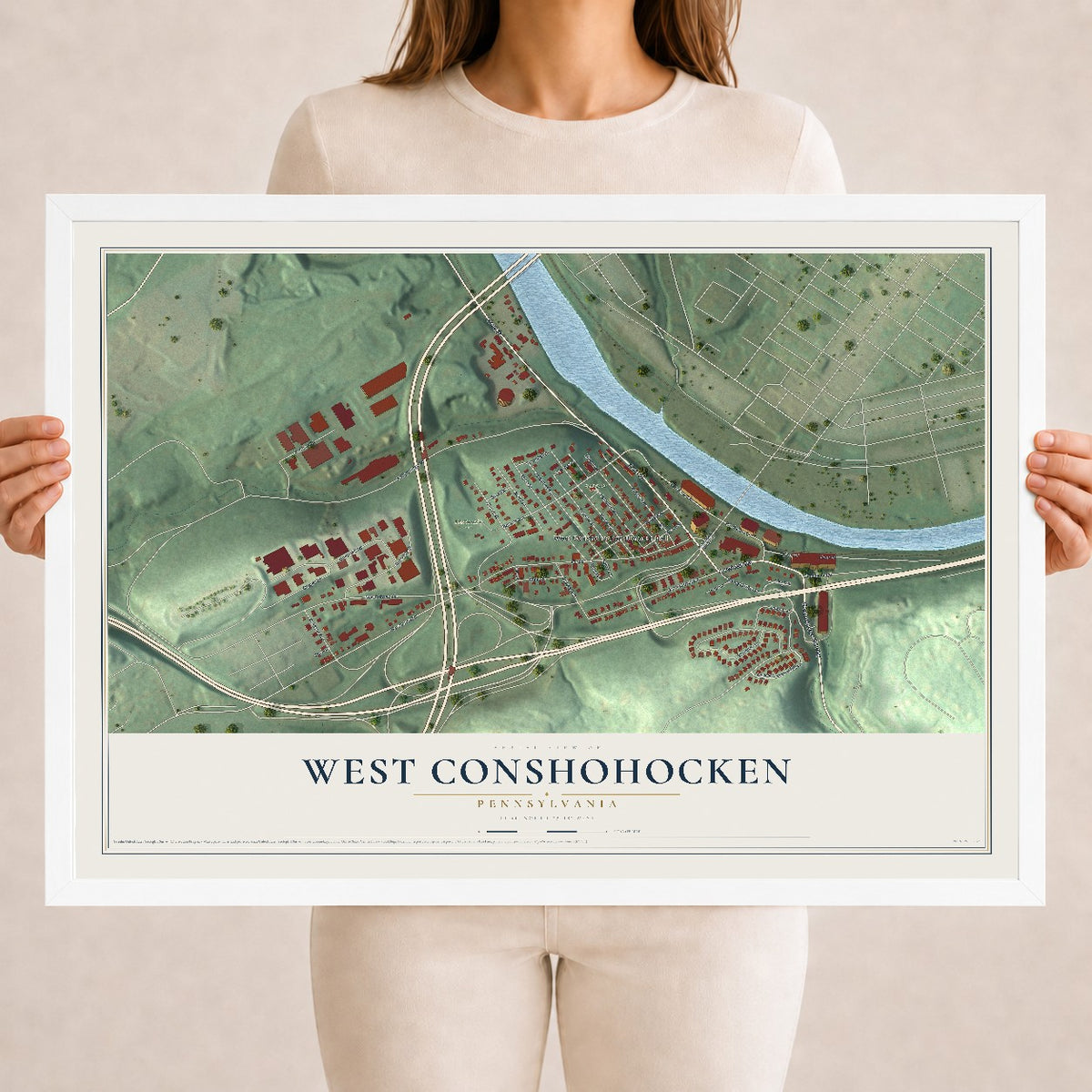 Map of West Conshohocken, Pennsylvania, 18 x 24 inch print in a white wood frame