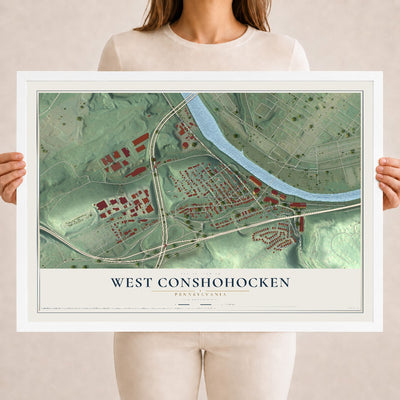 Map of West Conshohocken, Pennsylvania, 18 x 24 inch print in a white wood frame