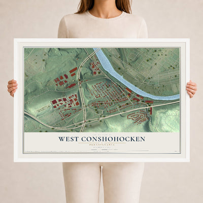 Map of West Conshohocken, Pennsylvania, 24 x 36 inch print in a white wood frame