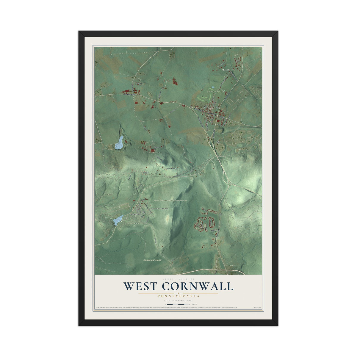 Map of West Cornwall, Pennsylvania, 12 x 18 inch print in a black wood frame