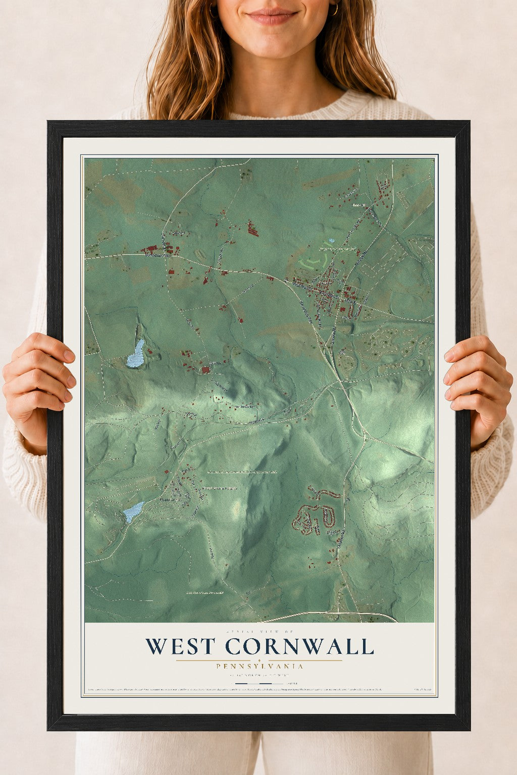 Map of West Cornwall, Pennsylvania, 18 x 24 inch print in a black wood frame