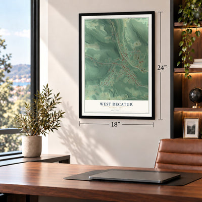 West Decatur, Pennsylvania map, 18 x 24 inch print in a black frame in a home office