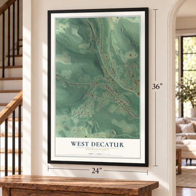West Decatur, Pennsylvania map, 24 x 36 inch print in a black frame by a staircase