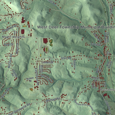 Close-up of the map of West Deer, Pennsylvania print showing street and building detail