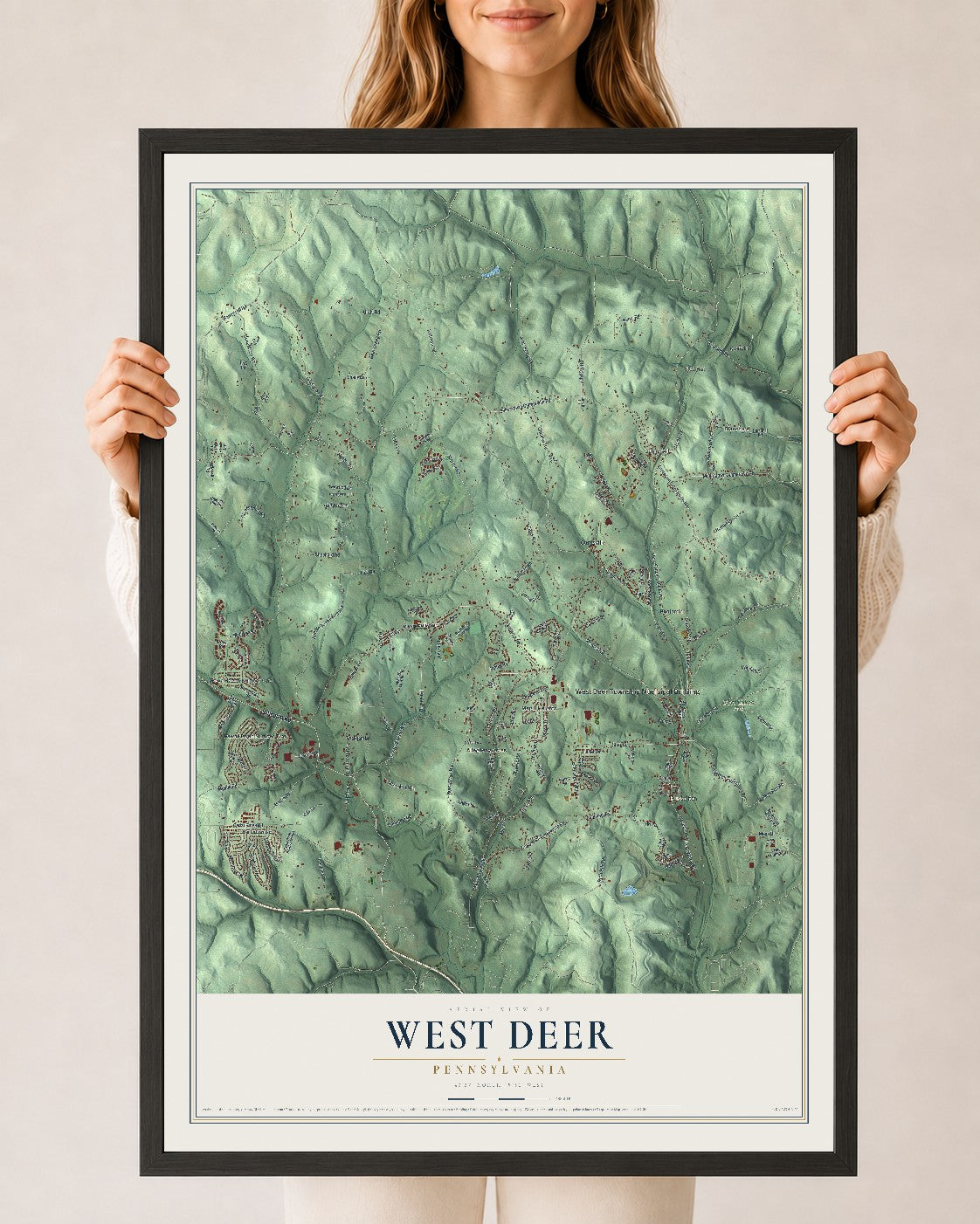 Map of West Deer, Pennsylvania, 24 x 36 inch print in a black wood frame