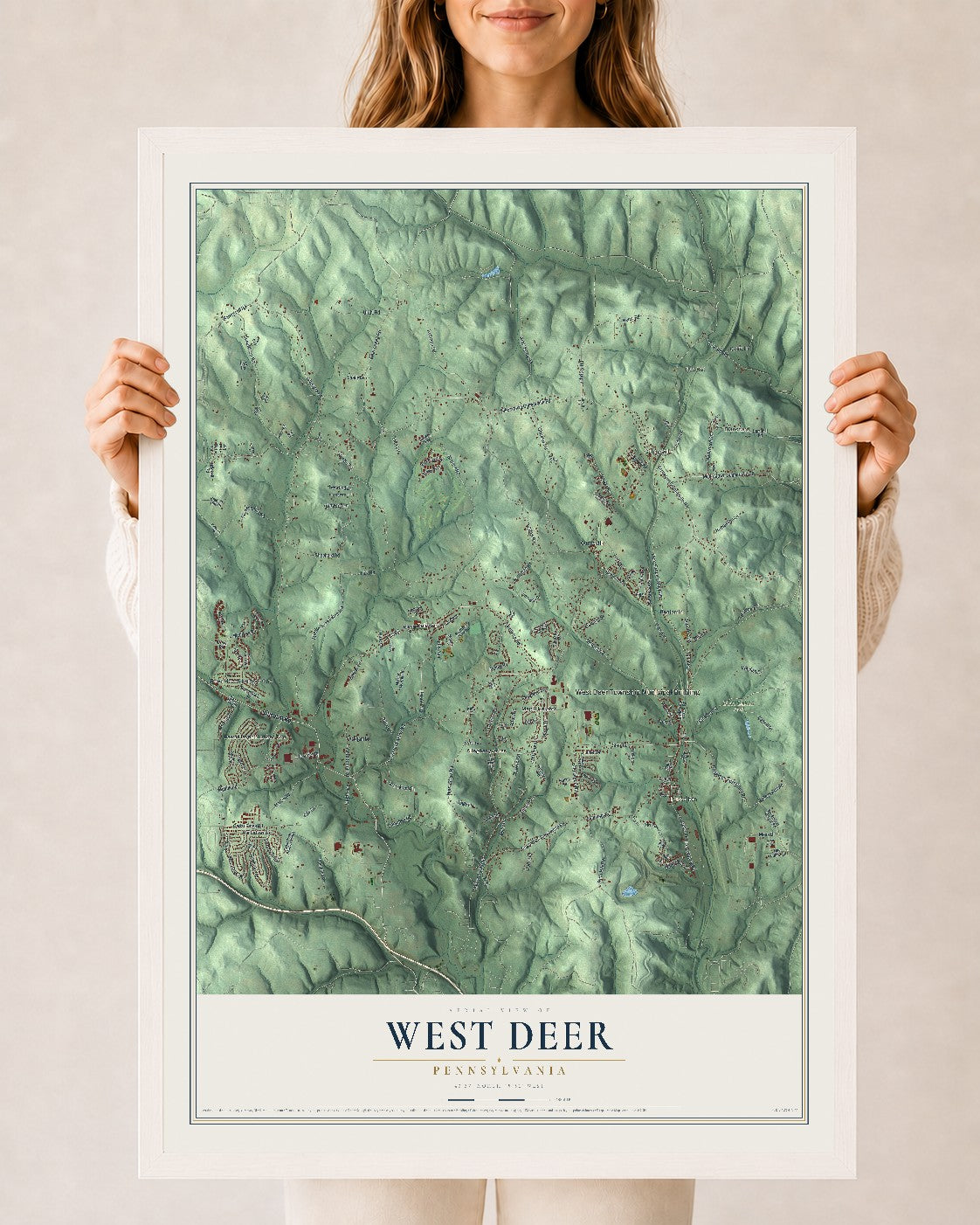 Map of West Deer, Pennsylvania, 24 x 36 inch print in a white wood frame
