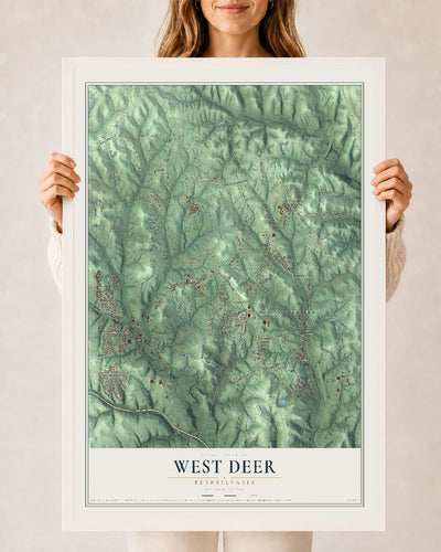 Map of West Deer, Pennsylvania, 24 x 36 inch print in a white wood frame