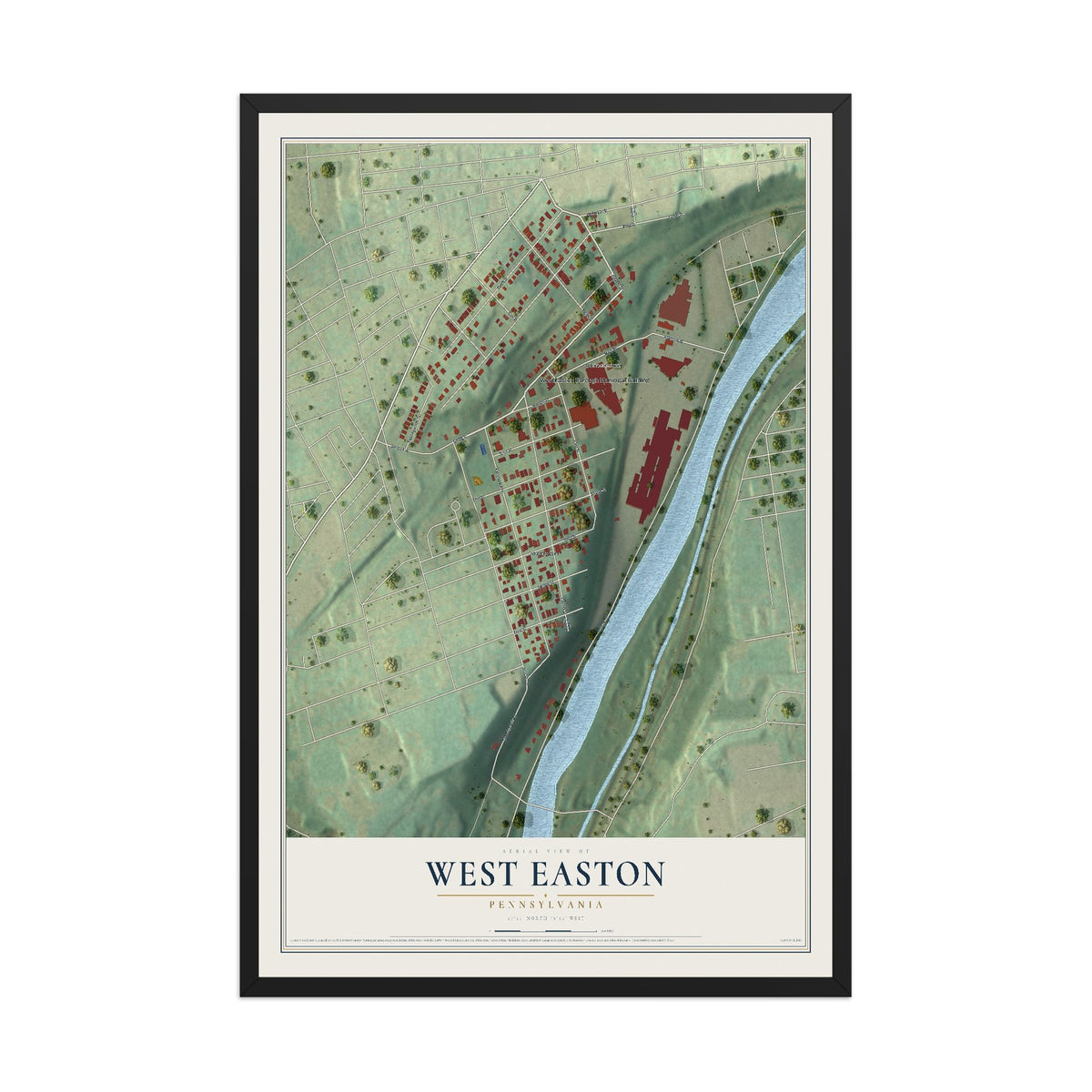 Map of West Easton, Pennsylvania, 12 x 18 inch print in a black wood frame