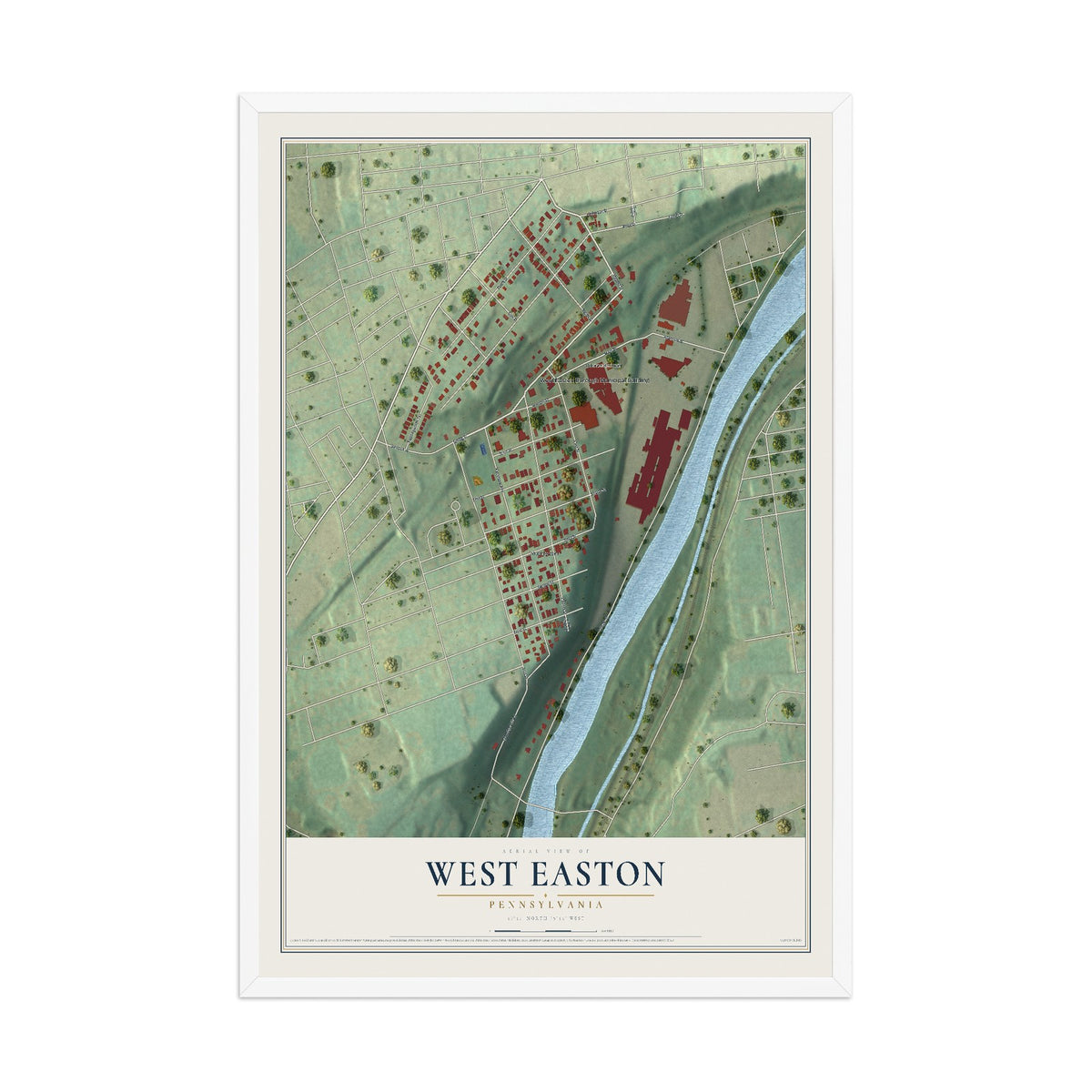 Map of West Easton, Pennsylvania, 12 x 18 inch print in a white wood frame